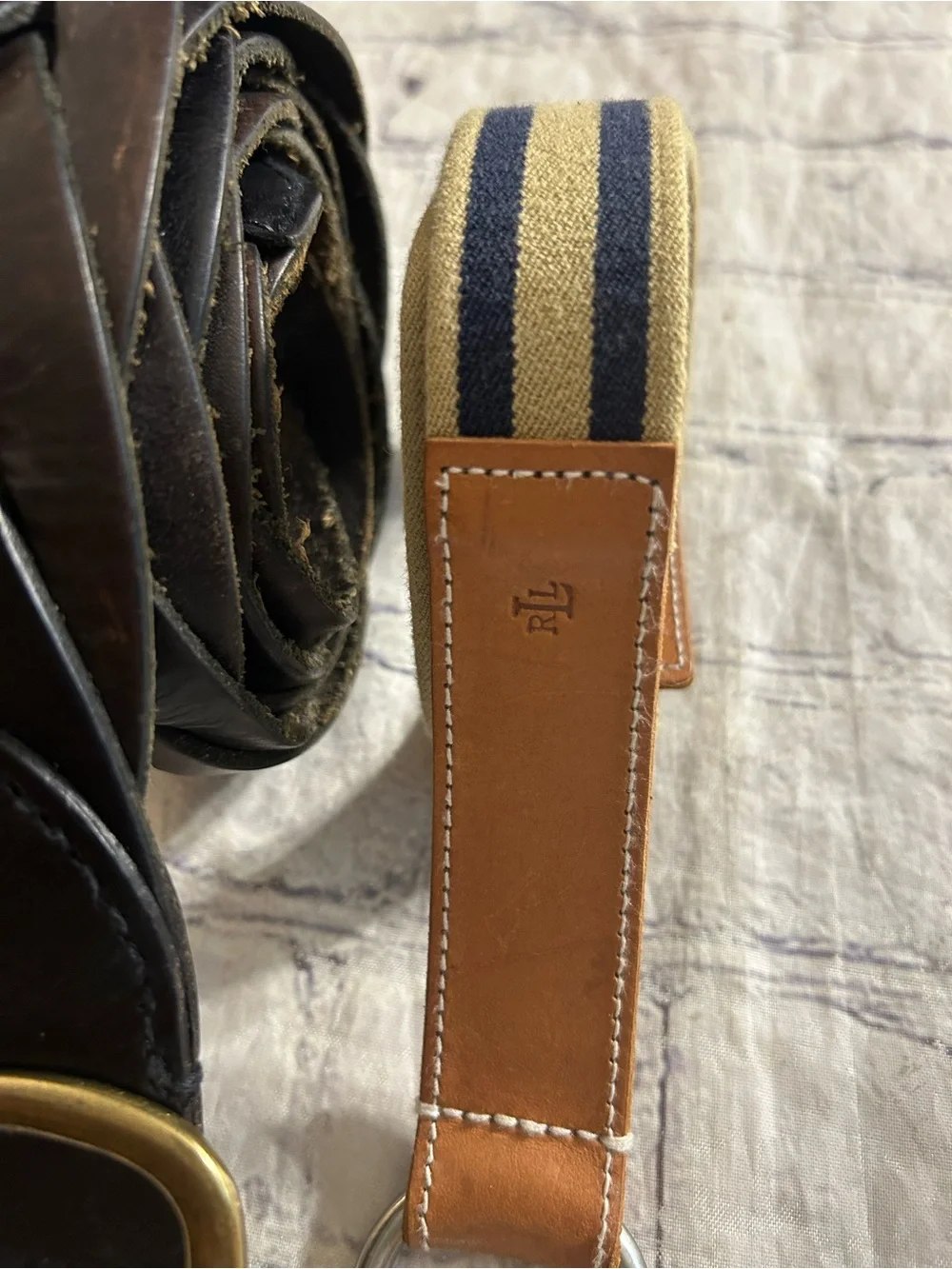LAUREN RALPH LAUREN (2) BELTS BRAIDED CHUNKY ESPRESSO & PREPPY TAN/NAVY STRETCH